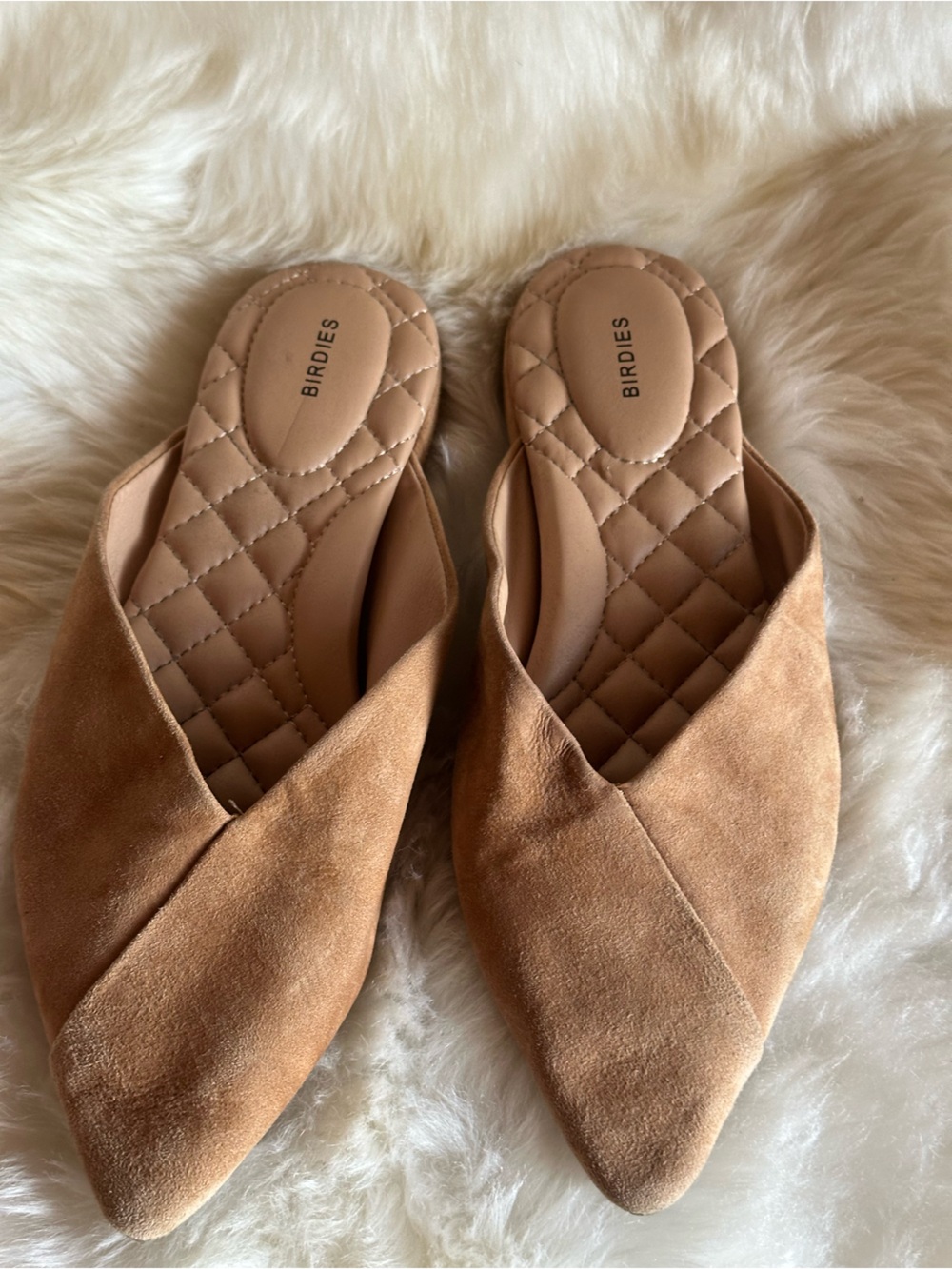 Birdies Camel/Tan Suede Pointed Mules